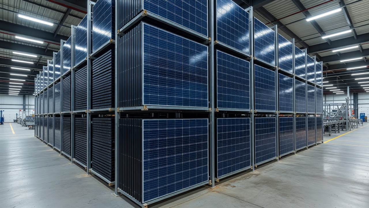 Solar module assembly line with racks of finished panels awaiting shipment