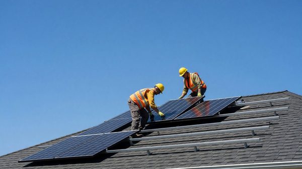 Solar installation crew working on a residential rooftop array against a clear summer sky, mid-construction