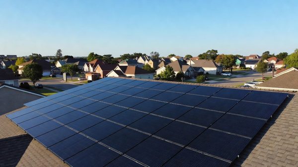 Rows of solar panels on a residential rooftop under clear blue sky, viewed from above at an angle